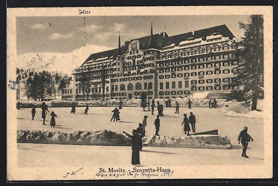 Ansichtskarten: St. Moritz, Suvretta-Haus mit Eisläufer – Gebraucht aus Berlin von bartko-reher