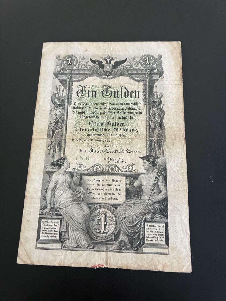 Banknoten: Austria 1 Gulden 1866 – Gebraucht aus Dällikon von Woldbanknoten 1