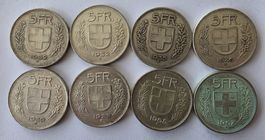 Suisse, lot de 8 x 5 francs 1932-1967 argent