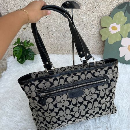 Coach Tasche Monogram Canvas Leder schwarz beige, Schoolbag