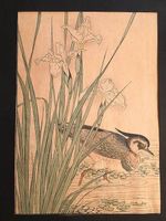 Estampe japonaise, un canard avec des iris