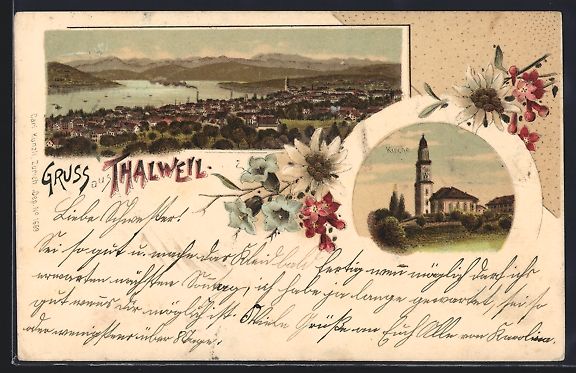 Cartoline postali: Litho Thalweil, Kirche, Ortsansicht mit  – Usato da Berlin venduto da bartko-reher