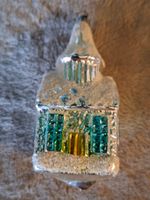 Sehr alter Weihnachtsschmuck Kirche, Glas,türkisblau-silber