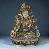 Weiße Tara Buddha Figur vergoldete Bronze Nepal, Edelsteine