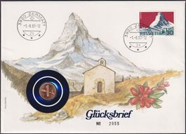 1983, Münzbrief ZERMATT "Glücksbrief" +1 Räppler +Matterhorn