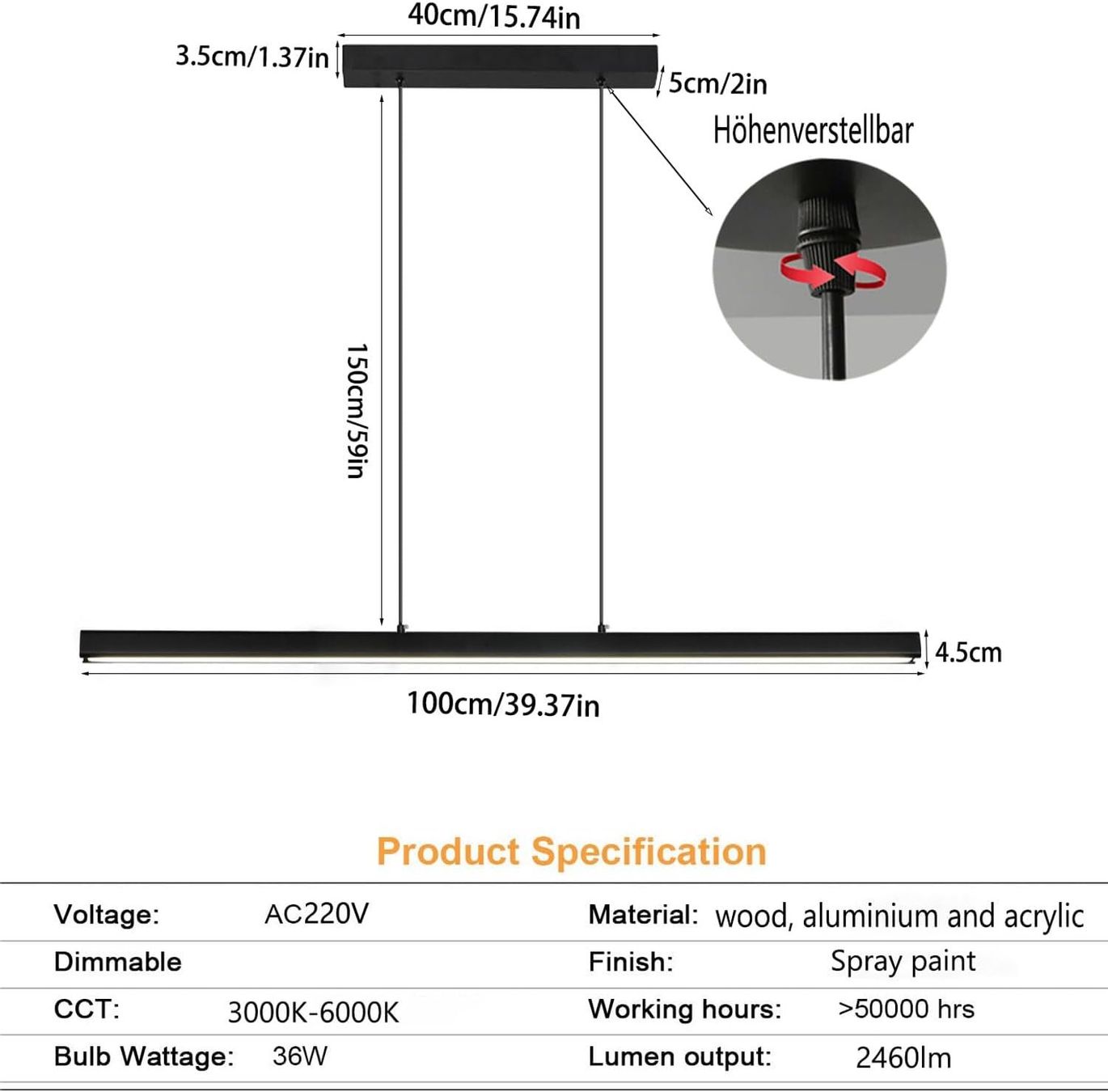 Kronleuchter & Deckenlampen: LED Pendelleuchte Esszimmer Tisch 100cm dimmbar Schwarz – Neu und originalverpackt aus Wittenbach von VELARO 3