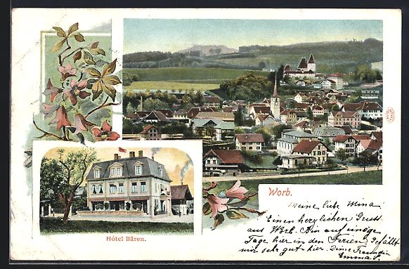 Cartoline postali: Worb, Hotel Bären, Ortsansicht aus der  – Usato da Berlin venduto da bartko-reher