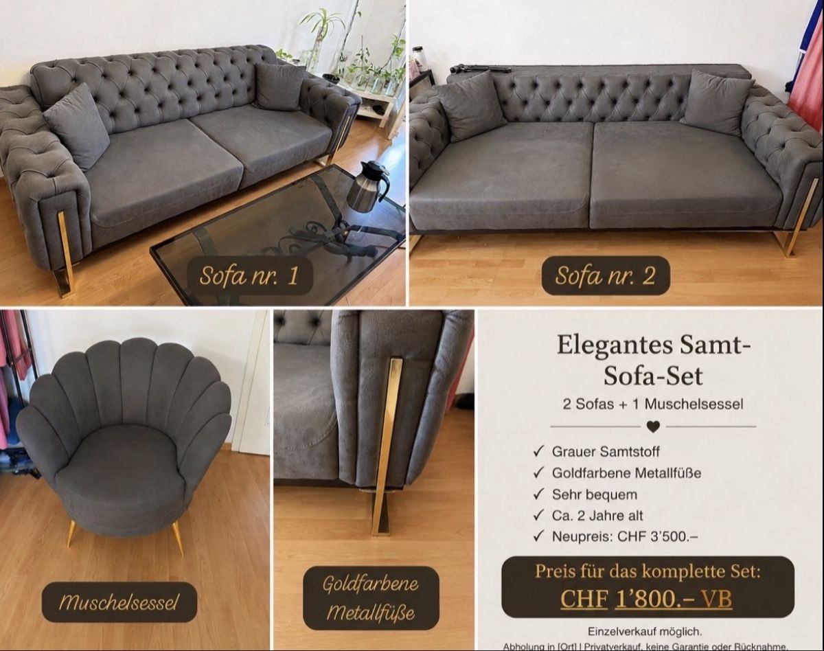 Divani: Elegante graue Samt-Sofagarnitur- 2 Sofas- 1 Muschelsessel – Nuovo (secondo la descrizione) da Zürich venduto da jaz_7njy