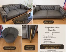 Elegante graue Samt-Sofagarnitur- 2 Sofas- 1 Muschelsessel