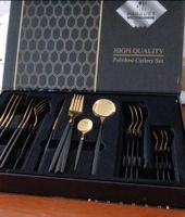 Besteckset 24-teilig Schwarz Gold Messer Gabel Löffel
