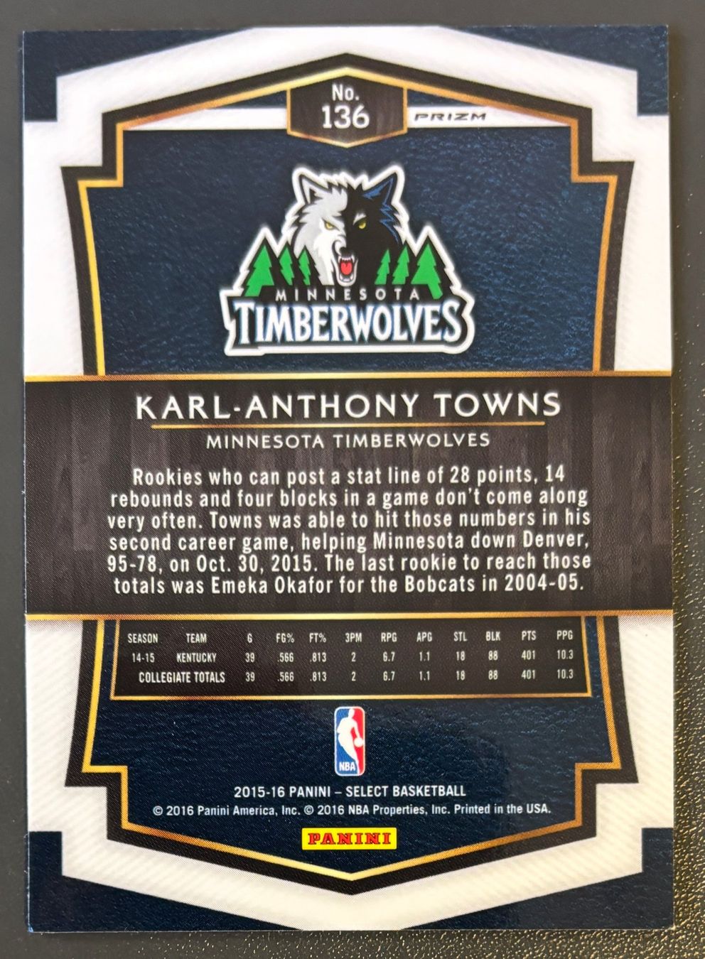 Nba Carte collezionabili: Karl-Anthony Towns 2015 Select Silver Parallel Rookie Knicks – Nuovo (secondo la descrizione) da Muri b. Bern venduto da winningloser 2