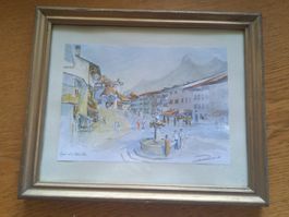 Aquarelle sous cadre doré, Gruyères et la Dent de Broc, 1983
