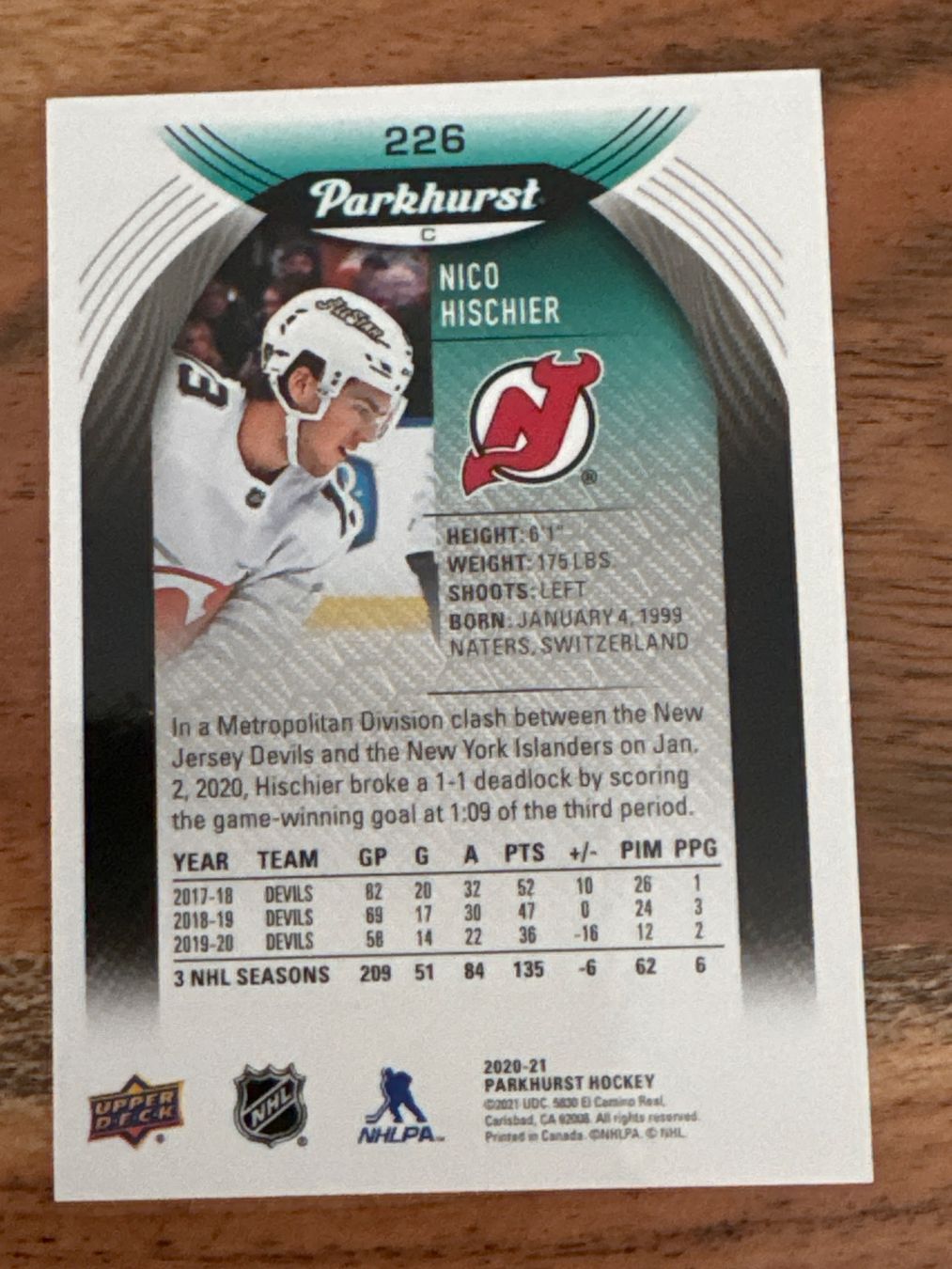 NHL Carte collezionabili: UD Parkhurst #226 Nico Hischier NJ Devils – Usato da Grüningen venduto da Peterpan99 1