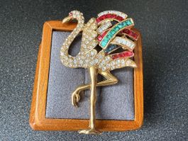 ✨Goldene Flamingo-Brosche mit bunten Strasssteinen, Vintage