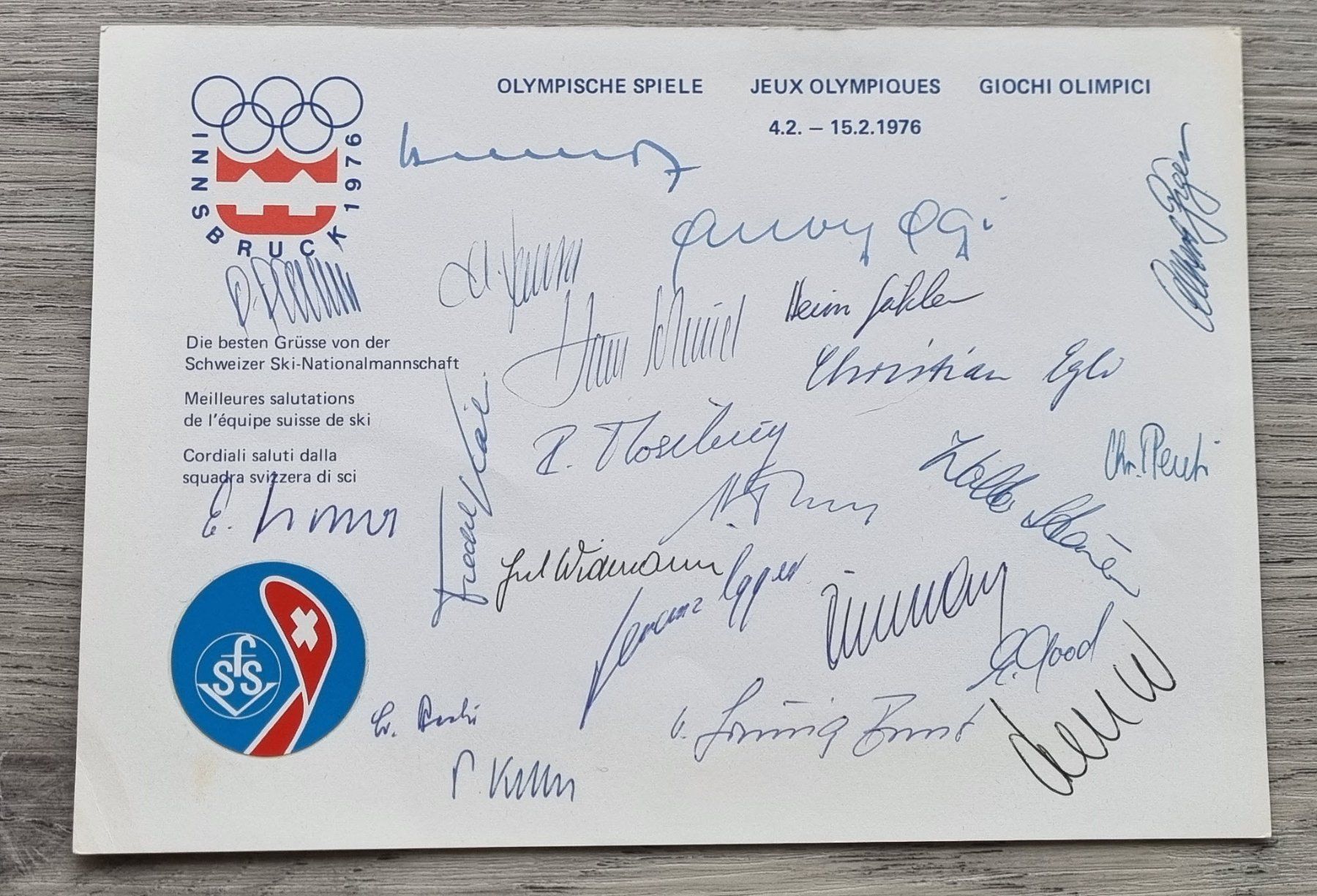 Autografi: Autogrammkarte der Schweizer Ski-Olympiamannschaft 1976 – Usato da Walterswil SO venduto da Clavis2503 1
