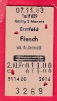 KARTON BILLETT, ERSTFELD - FIESCH, 2.KLASSE, RETOUR