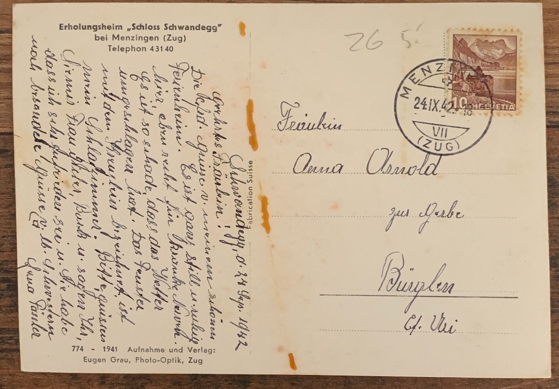 Cartoline postali: MENZINGEN - ERHOLUNGSHEIM – Usato da Lutry venduto da Ediego 1