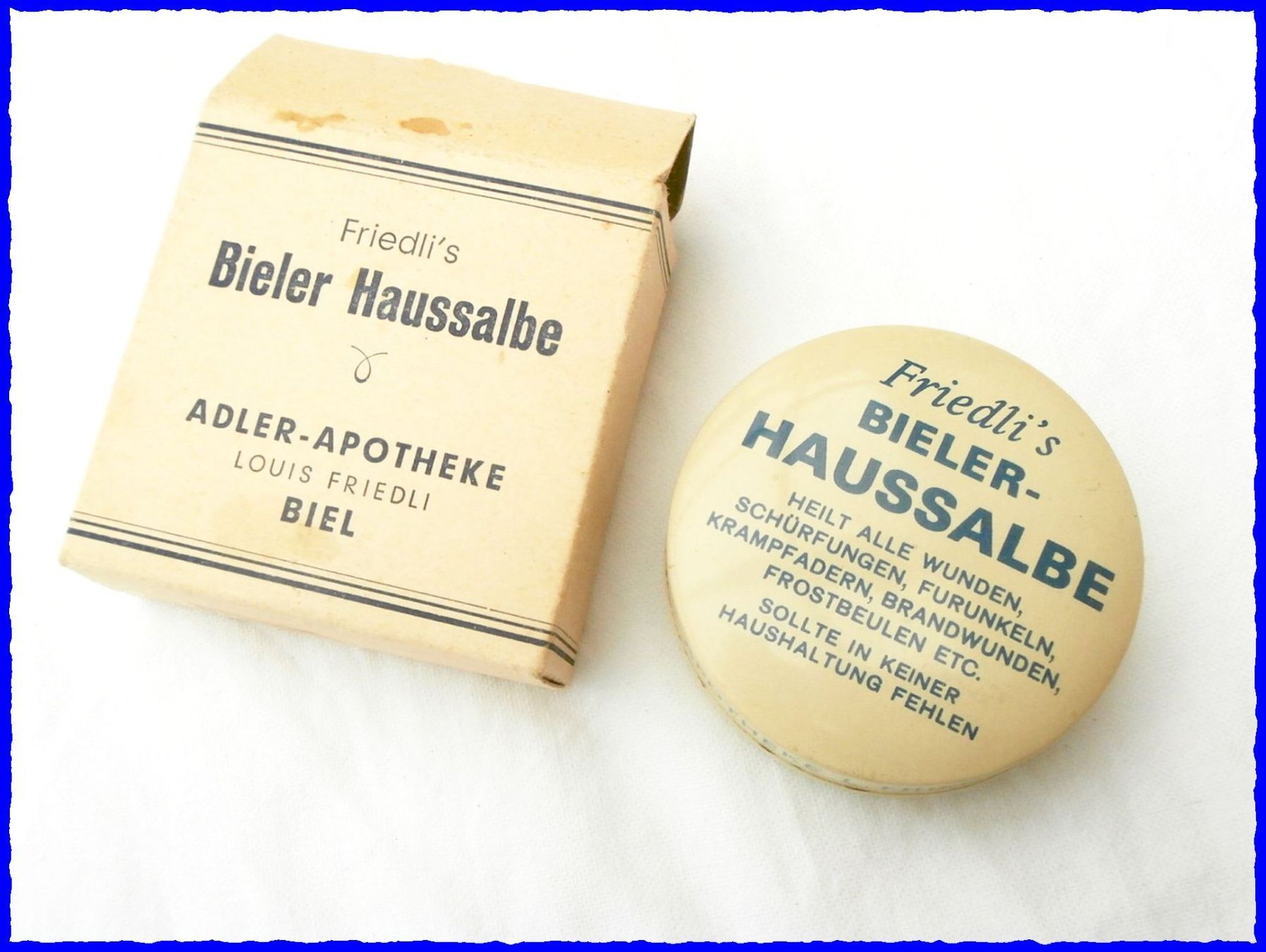 Barattoli: Alte Blechdose mit "Friedli's Bieler Haussalbe" – Usato da Worblaufen venduto da Re_mo81