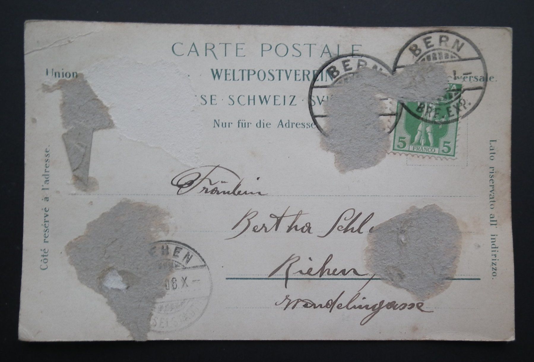Cartoline postali: Bern 1908 Arbergergasse Ansichtskarte "Fehlerhafte Rückseite – Usato da Kriens venduto da WULLU99 1