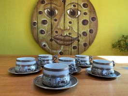 6er Tee - Kaffe Set aus Zinn 95% mit Porzellan Tassen Stube