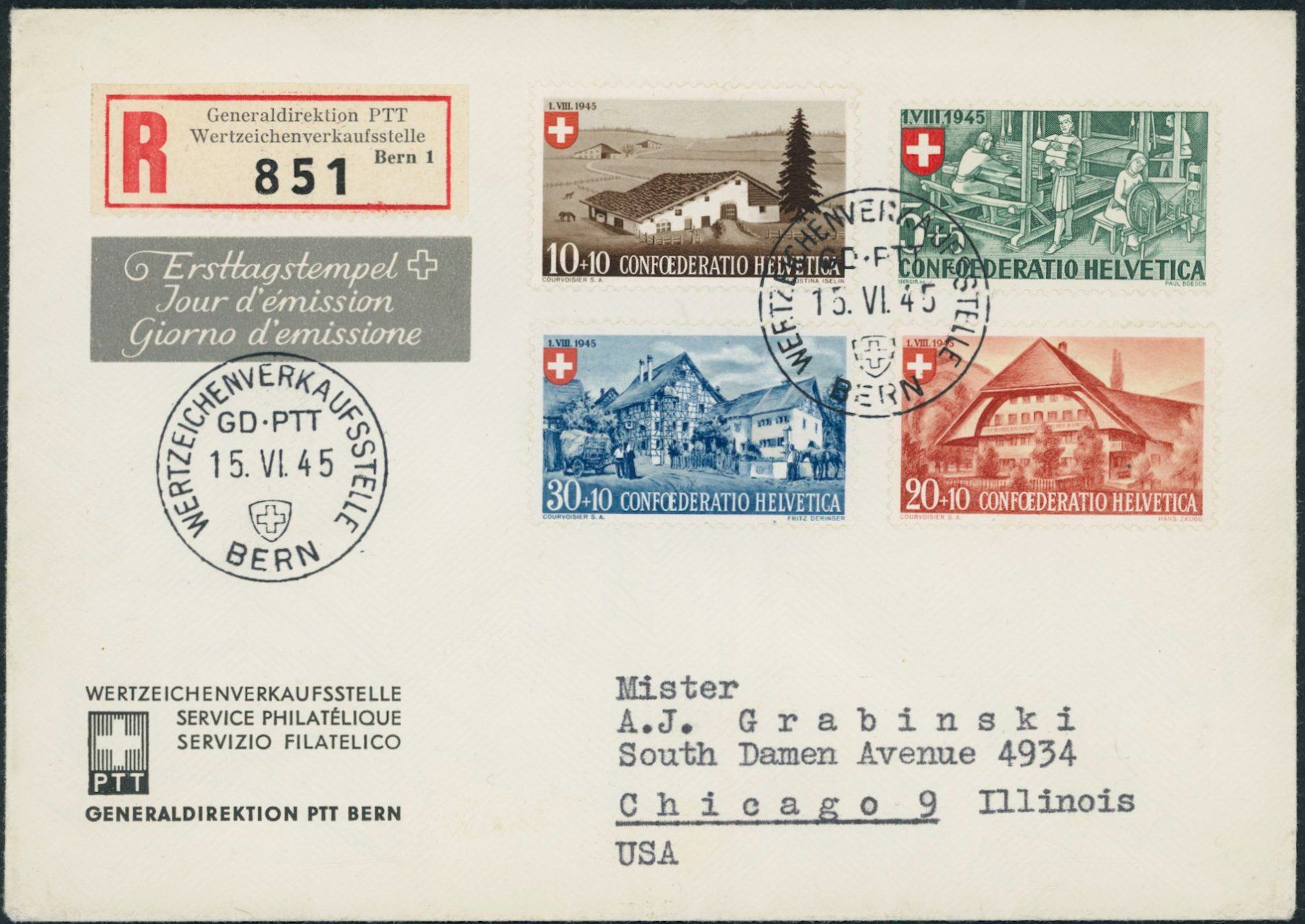 Alle Briefmarken: 1945 - Pro Patria - Ersttagsbrief FDC ET – Gebraucht aus Schindellegi von leecollect