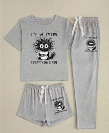 Schlafanzug-Pyjama-3-teilig-Cartoon-Katze-sehr flauschig-Top