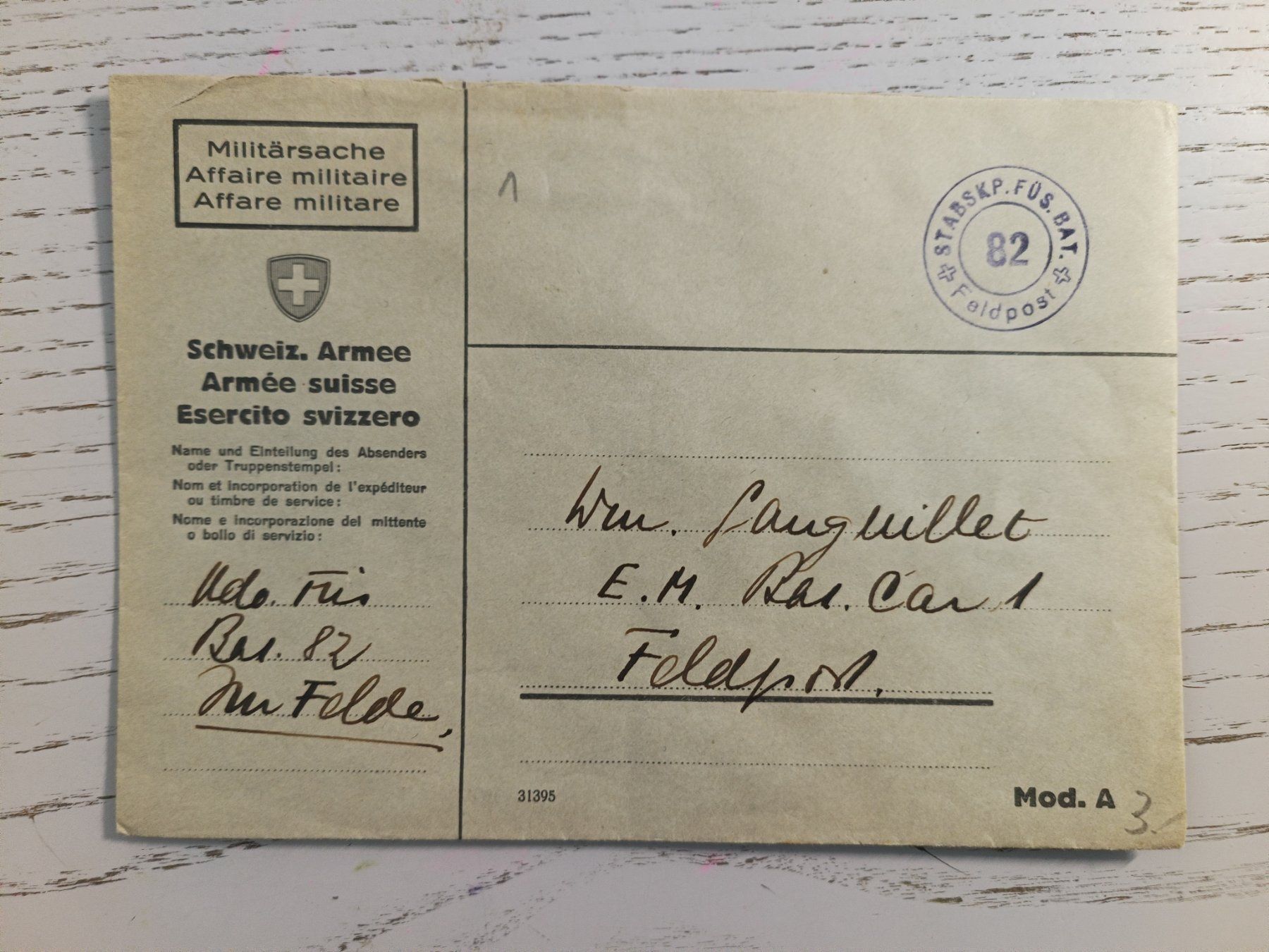 Tutti i francobolli: Feldpost Couvert STABSKP.FÜS.BAT. 82 – Nuovo (secondo la descrizione) da Dübendorf venduto da goeggi79