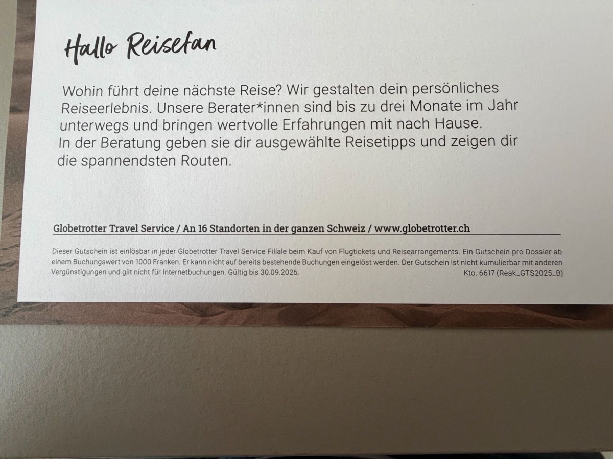 Buoni: Globetrotter Reisegutschein chf 100 – Nuovo e nell'imballaggio originale da Lyss venduto da Landleben0 1