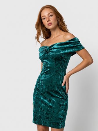 vintage Kleid Samt türkis Grösse 38 Schulterfrei mit Rose