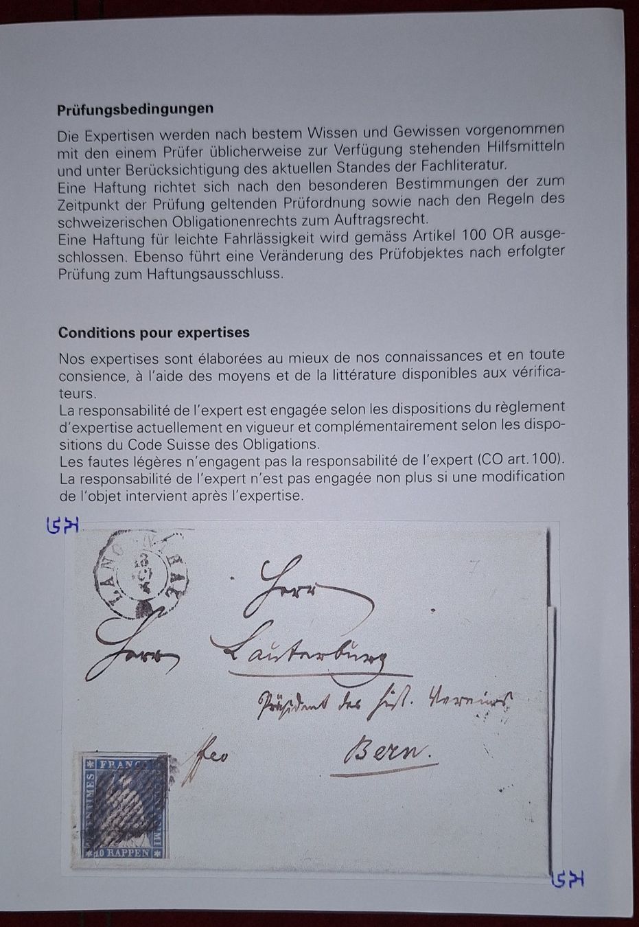 Tutti i francobolli: Strubelbrief 23A1.b Kat.2500.- mit Attest Langenthal - Bern – Usato da Balgach venduto da SIMEON27 4