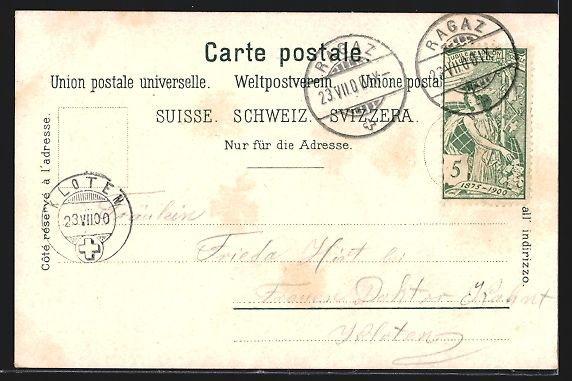 Cartoline postali: Ragaz, Totalansicht von einem Berg aus – Usato da Berlin venduto da bartko-reher 1