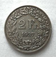 Schweizer 2 Franken Münze 1937 B, Motiv Stehende Helvetia