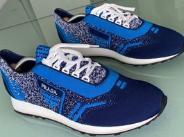 PRADA Calzature Azzuro Knit Leder Low Top Sneakers 44 NEUE