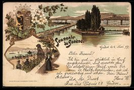 Litho Genève, Quais du lac avec pont et