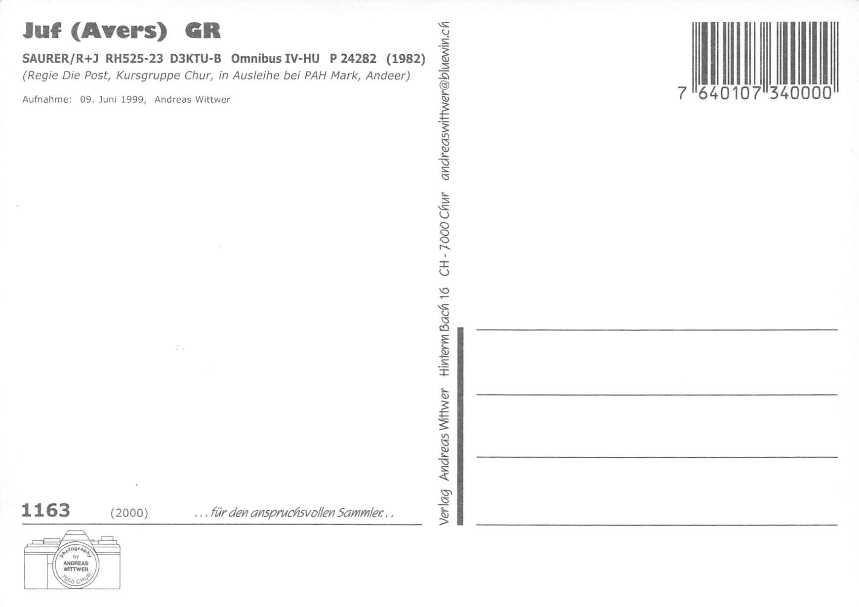 Ansichtskarten: Postauto Voiture postale Auto Postale PTT Juf Avers GR – Gebraucht aus Biasca von Blenio71 1