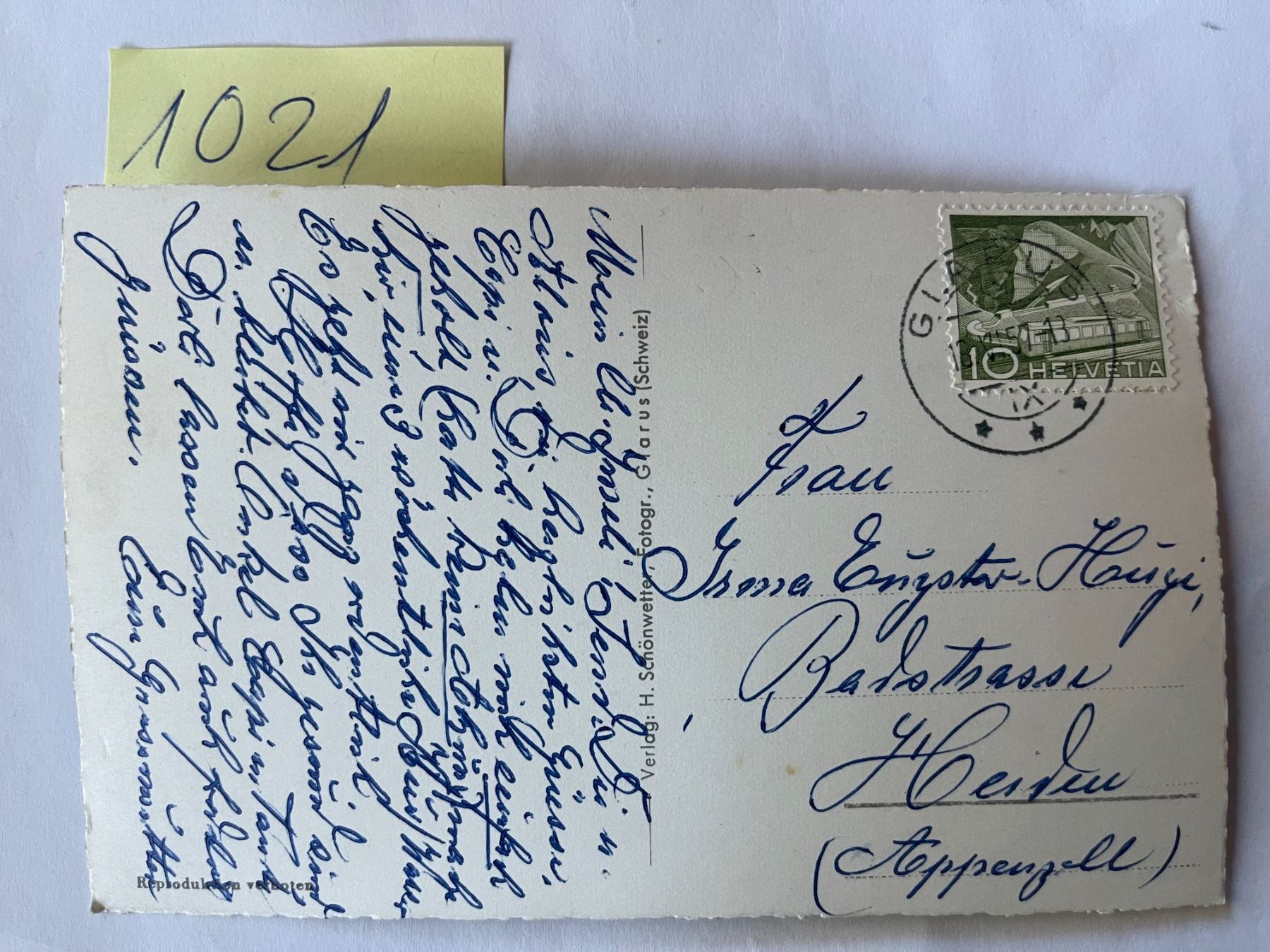 Cartoline postali: alte Ansichtskarte Glarus Rathaus mit Glärnisch, 1957 – Usato da Niederwil AG venduto da dahu75 1