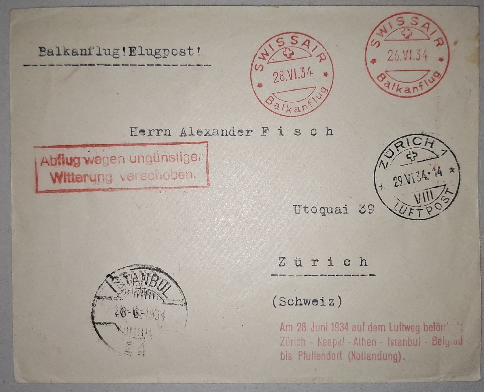 Tutti i francobolli: Swissair Brief Balkanflug  – Usato da Balgach venduto da SIMEON27 1