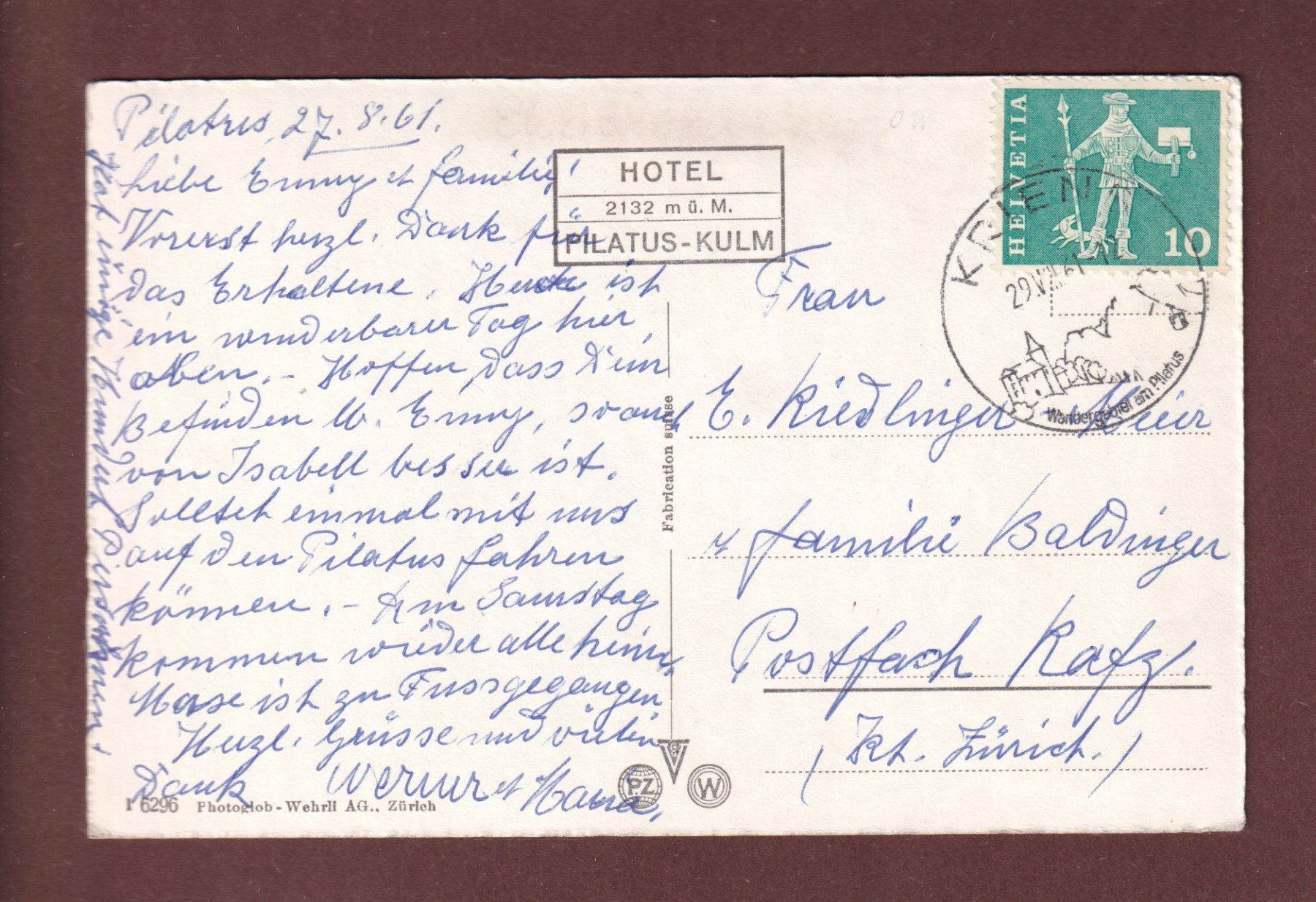Cartes postales: PILATUS - Luftseilbahn - 1961 – D'occasion à Pully par nicecards-shop 1