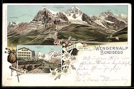 Lithographie Wengernalp /Berner Oberland, Gasthaus mit Mönch