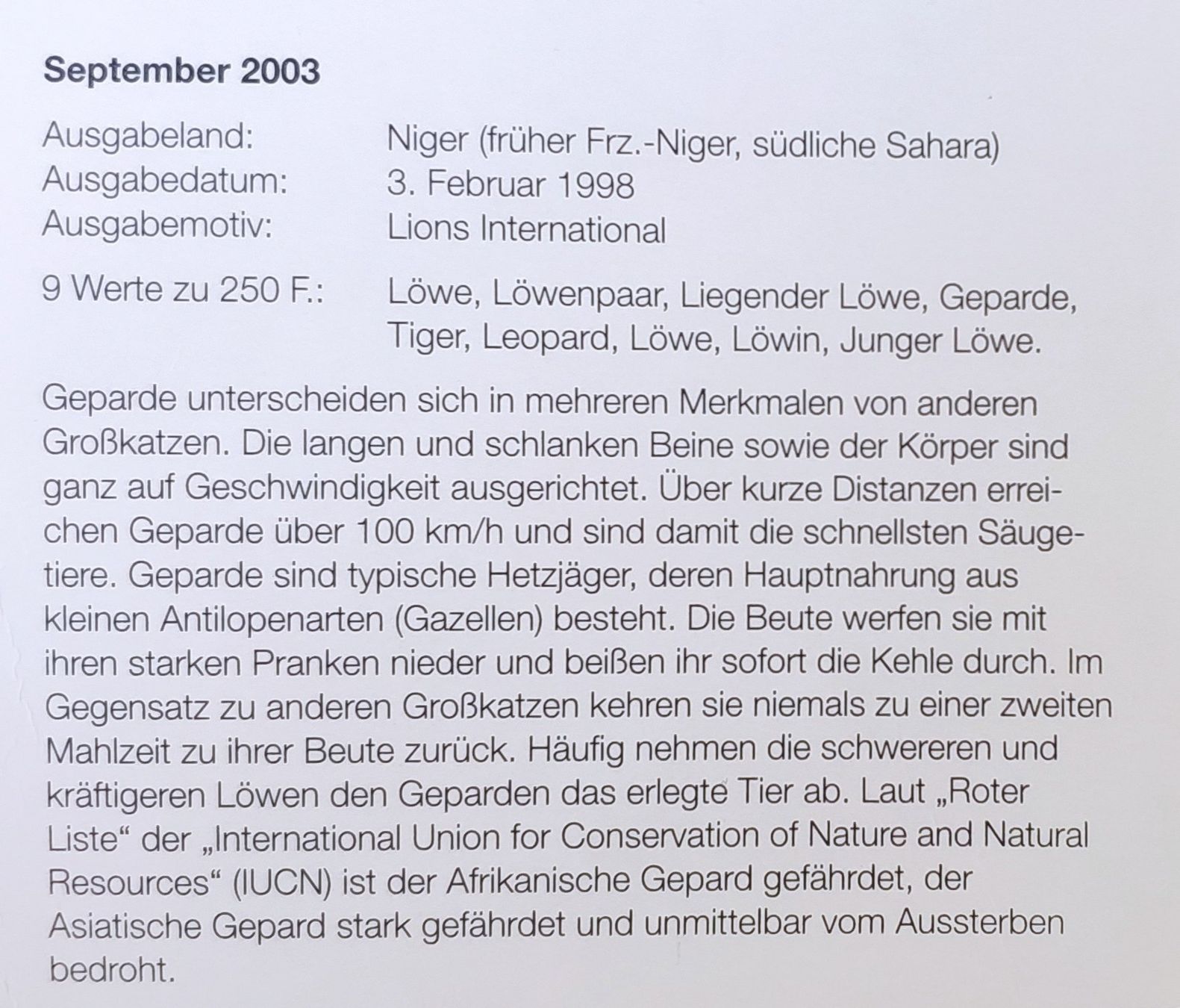Tutti i francobolli: Block / Lions Leuen etc. / Niger 3.2.1998 / – Usato da Volketswil venduto da Spacepanda 1