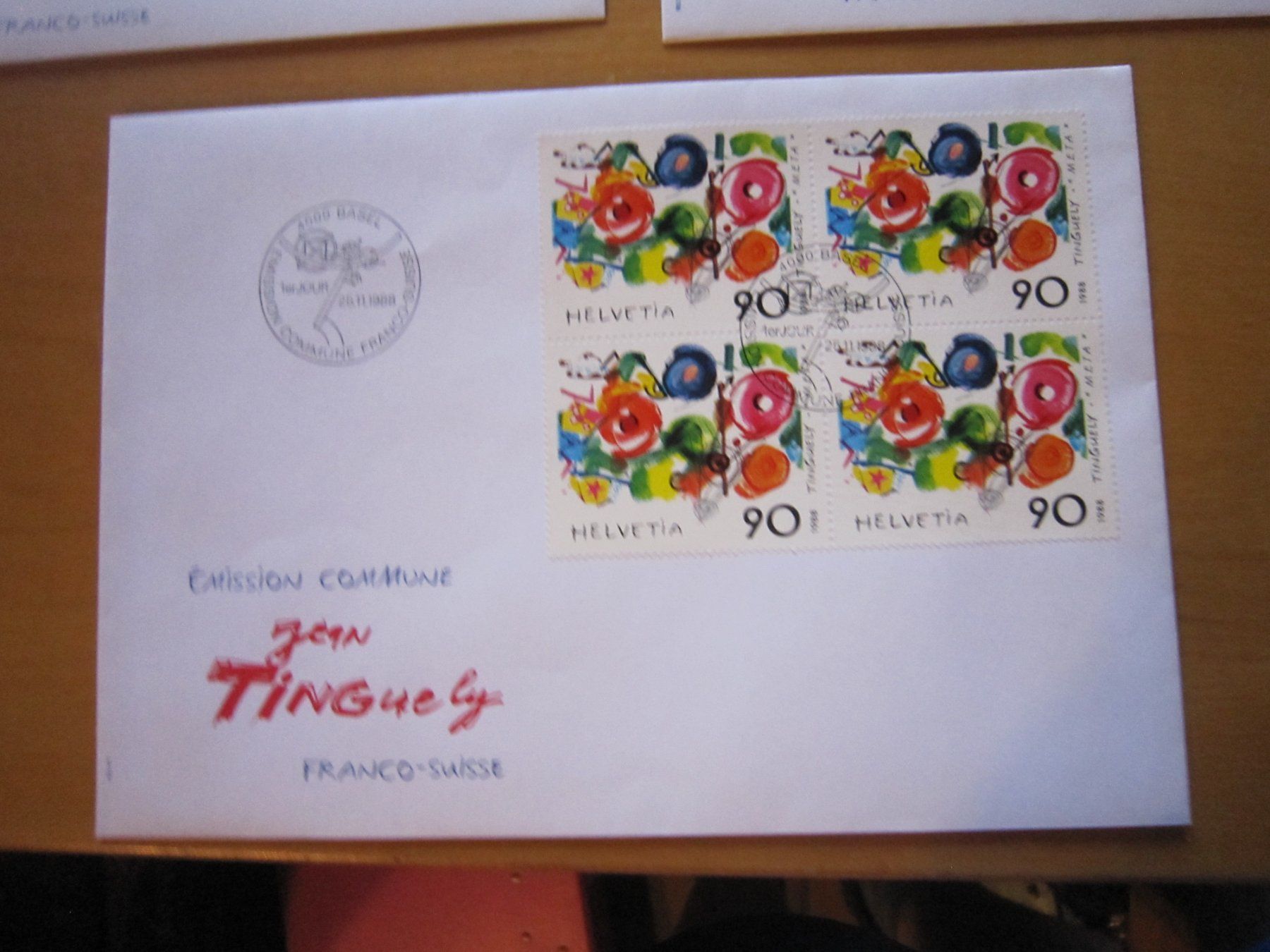 Tutti i francobolli: CH 1988 FDC Tinguely mit grossbrief 4er Block – Usato da Gordola venduto da Polentaefung 3