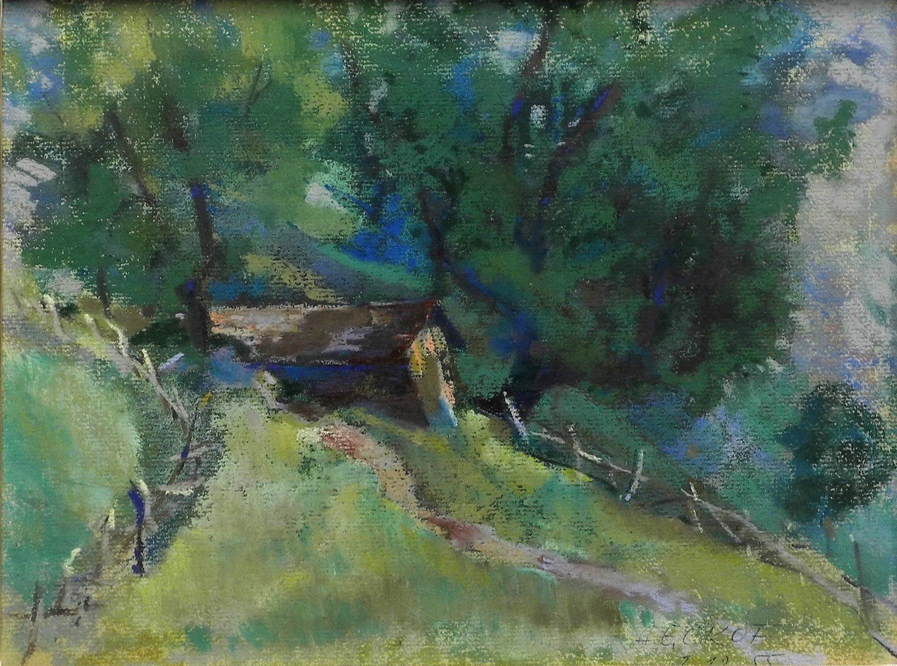 Dipinti: Idyllischer Waldrand mit Hütte sign. 1955 – Usato da Wünnewil venduto da FineArt-NicePrice