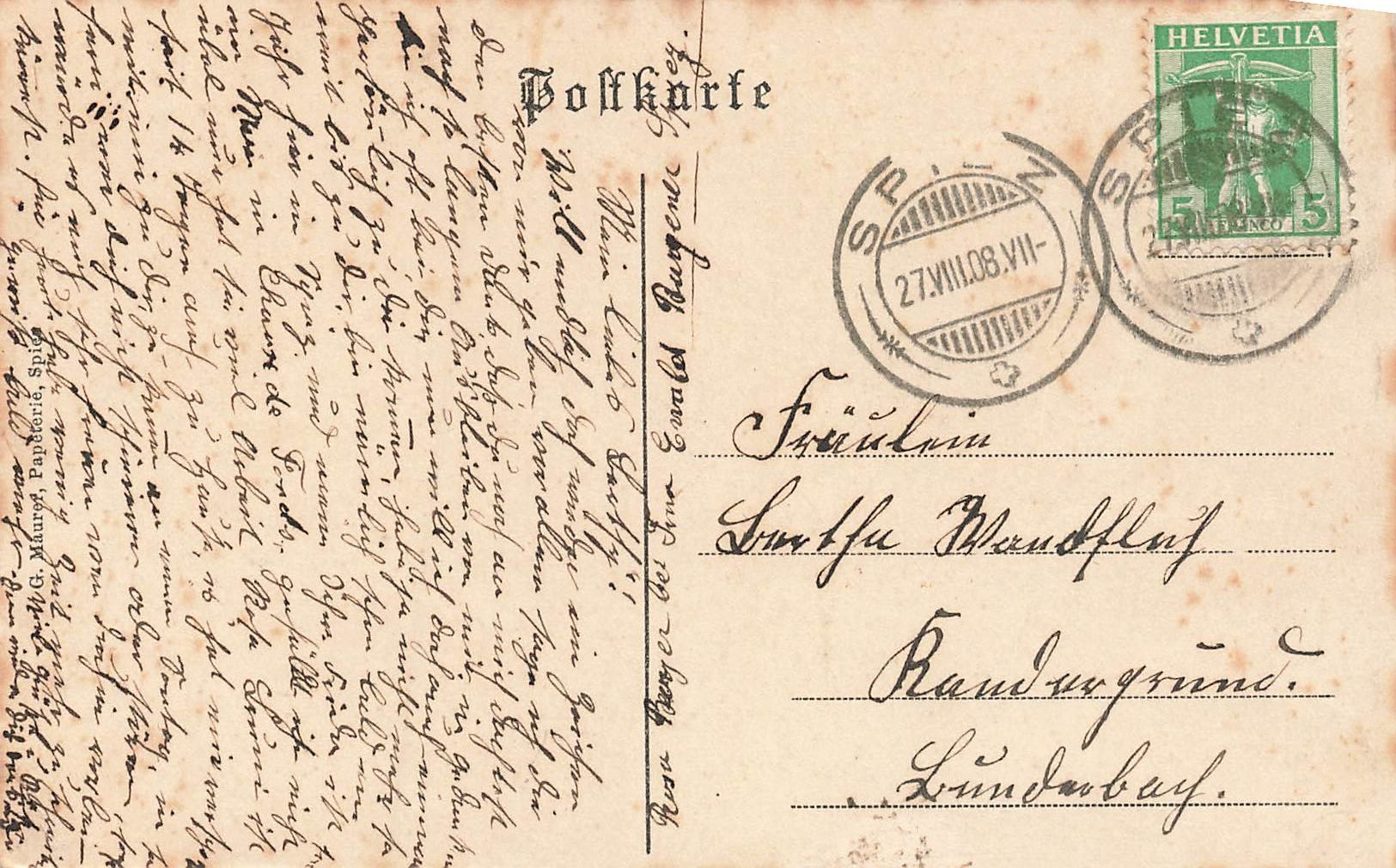 Ansichtskarten: Gruss aus Spiez 1908 – Gebraucht aus Schwyz von Seffi56 1