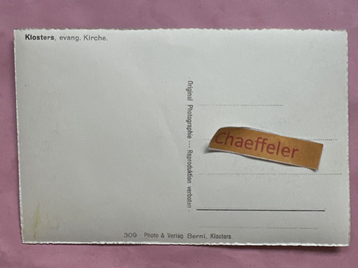 Cartes postales: Klosters, evang. Kirche. – D'occasion à Zürich par Chaeffeler 1