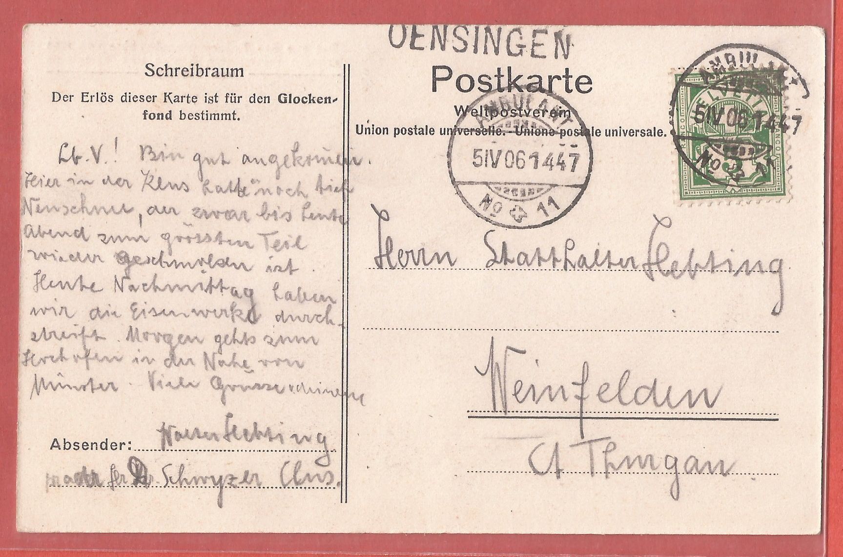 Cartoline postali: Balsthal - ref. Kirche und Pfarrhaus - 1906 – Usato da Fislisbach venduto da Porano 1