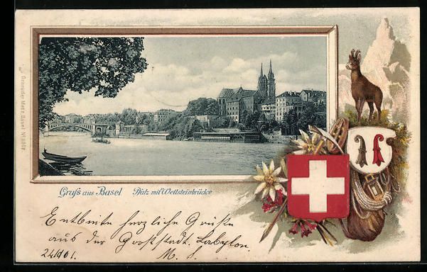 Cartoline postali: Passepartout-Lithographie Basel, Pfalz m – Usato da Berlin venduto da bartko-reher
