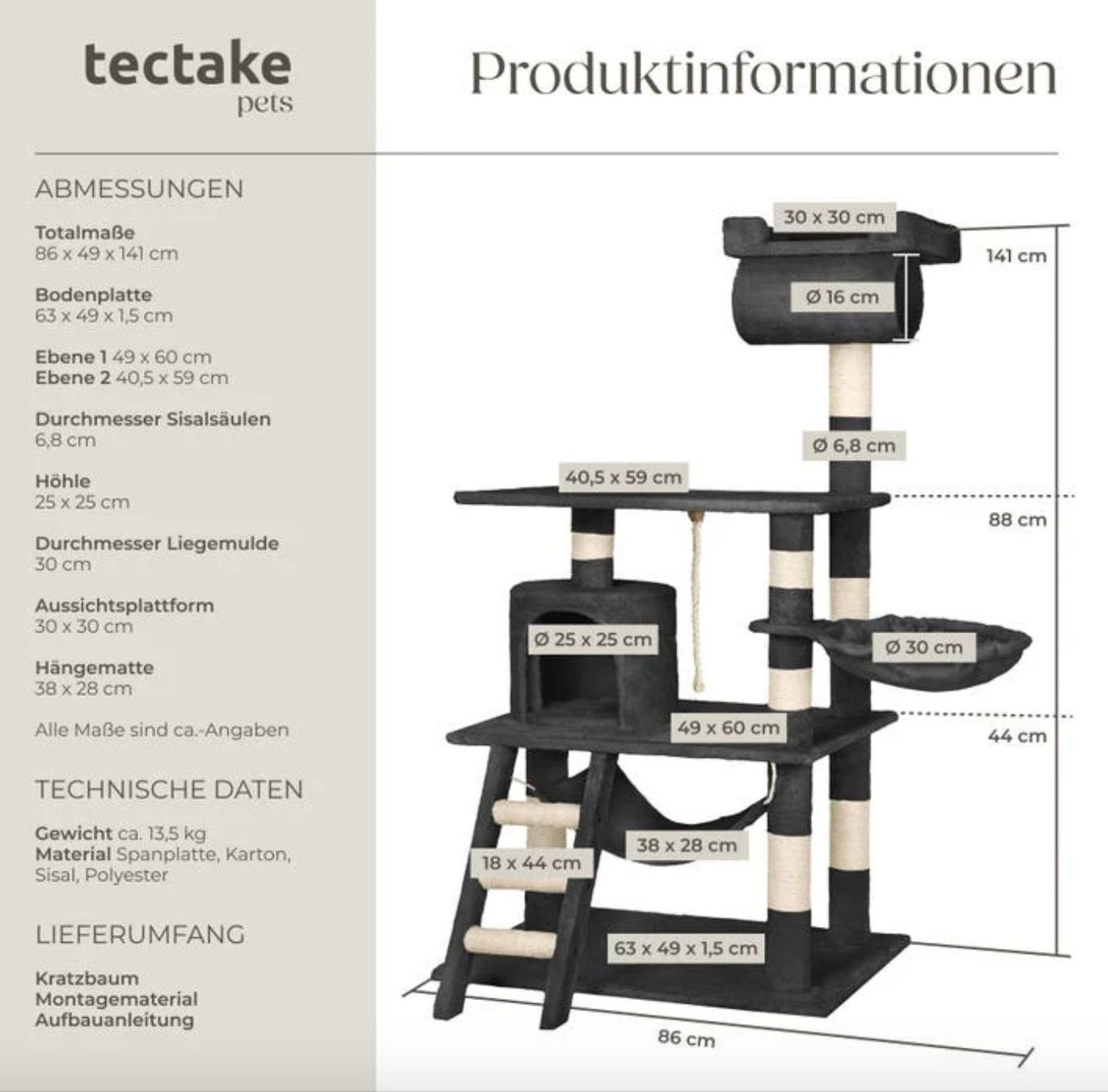 Tiragraffi: Kratzbaum Stokeley 141cm schwarz - Gratis Versand – Nuovo e nell'imballaggio originale da Kleinwangen venduto da meinwarenkorb.ch 5