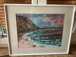 Aquarell Bild Küstenlandschaft gerahmt 50/41 cm