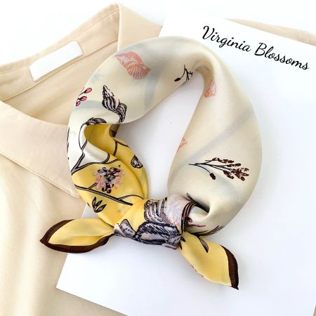 New 53cm Silk Scarf Florals and Seashells Yellow