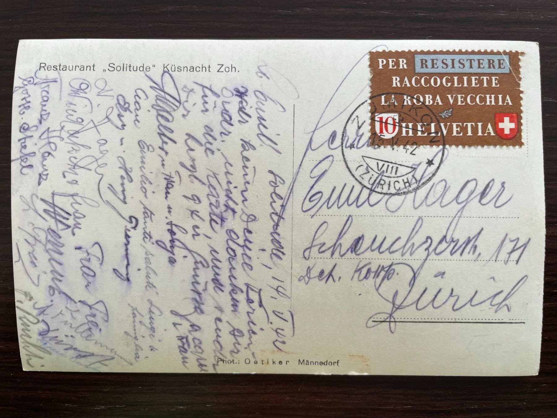Cartoline postali: KÜSNACHT Restaurant "Solitude", 1942 – Usato da Wald ZH venduto da TLILEF 1